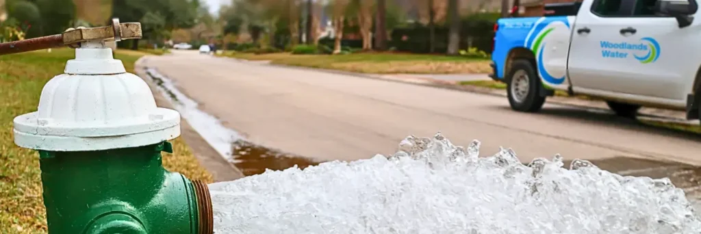 Fire hydrant being flushed with Woodlands Water truck